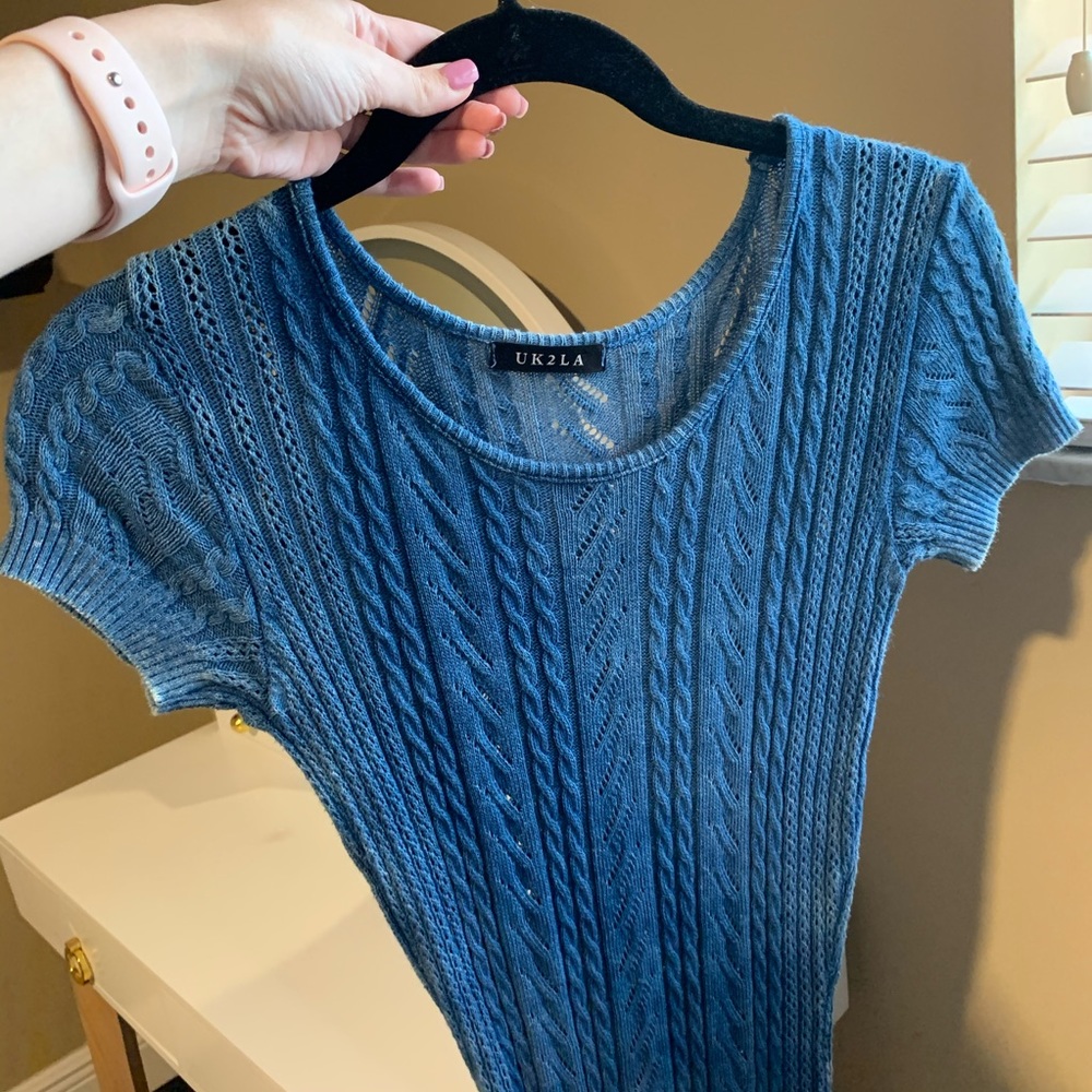 Blue short sleeve mini crochet style sweater dress